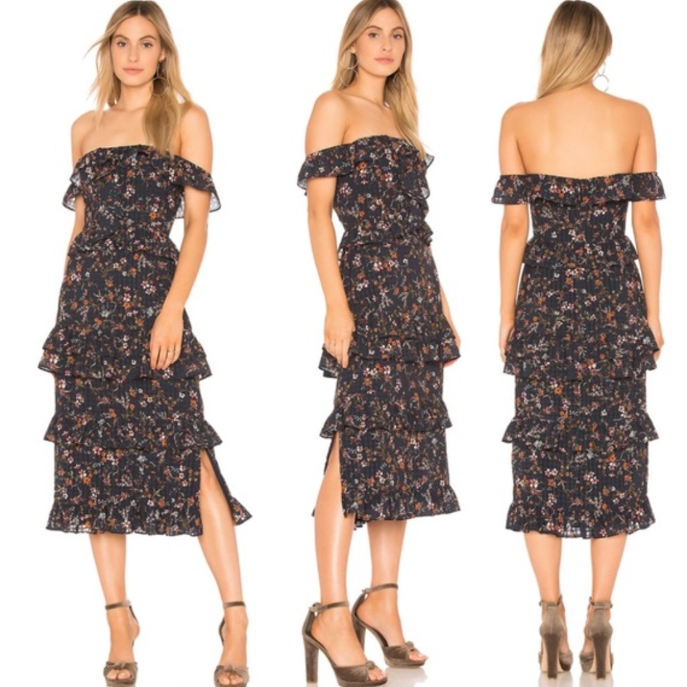 Tularosa Lily Dress - Navy Floral Off-The-Shoulder Midi Dress - XL (WORN ONCE)